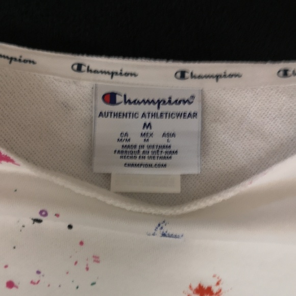 Women's NWT Champion Medium Paint Splatt Campus French Terry Shirt White Box Fit - Picture 3 of 7